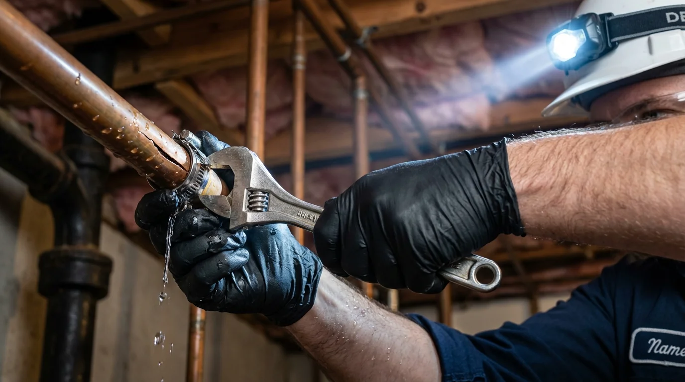 Emergency pipe clamp repair being performed by a Johns Plumbing LLC plumber in Blountville