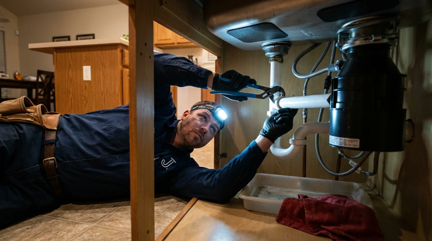 P-trap and supply line connections under a kitchen sink showing a common leak point in Blountville, TN